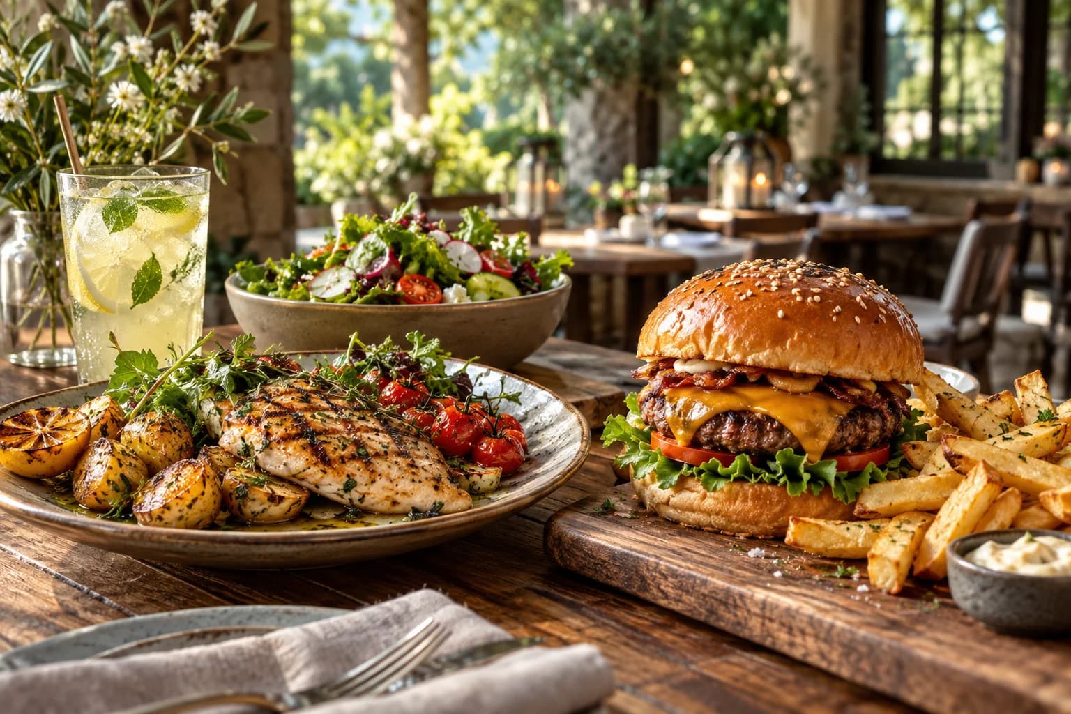 A welcoming restaurant table with freshly prepared food